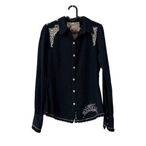 Johnny Was 3J Workshop Black Gold Champagne Embroidered Regal Shirt Small